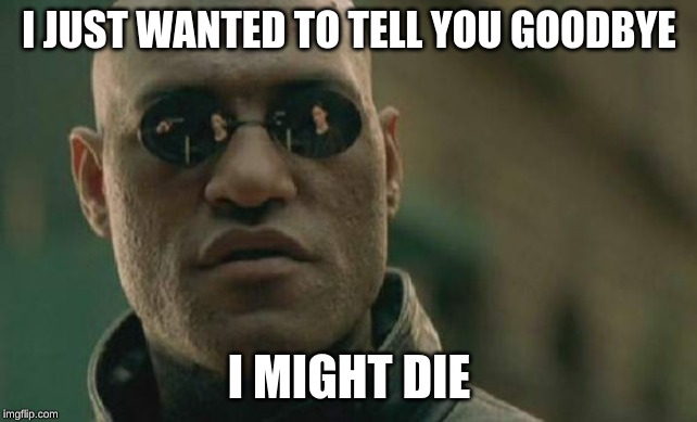 Matrix Morpheus | I JUST WANTED TO TELL YOU GOODBYE; I MIGHT DIE | image tagged in memes,matrix morpheus | made w/ Imgflip meme maker