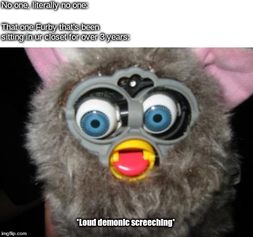 No one, literally no one:; That one Furby that's been sitting in ur closet for over 3 years:; *Loud demonic screeching* | image tagged in lololol,furby meme,screeching | made w/ Imgflip meme maker