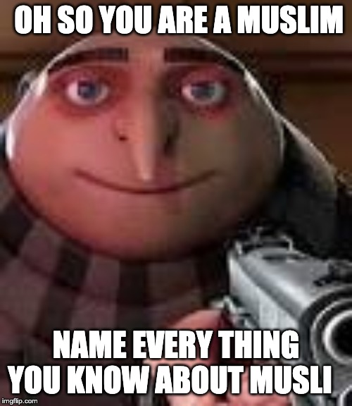 Gru with Gun | OH SO YOU ARE A MUSLIM; NAME EVERY THING YOU KNOW ABOUT MUSLI | image tagged in gru with gun | made w/ Imgflip meme maker