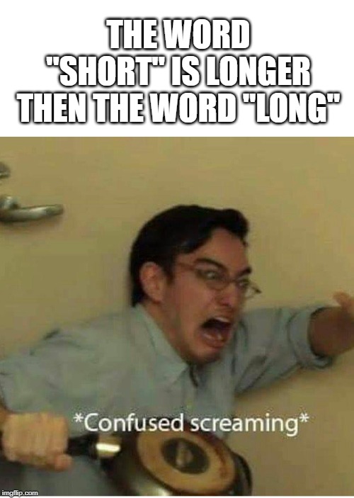 confused screaming | THE WORD "SHORT" IS LONGER THEN THE WORD "LONG" | image tagged in confused screaming | made w/ Imgflip meme maker