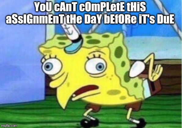 Mocking Spongebob | YoU cAnT cOmPLetE tHiS aSsIGnmEnT tHe DaY bEfORe iT's DuE | image tagged in memes,mocking spongebob | made w/ Imgflip meme maker