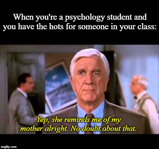  When you're a psychology student and you have the hots for someone in your class:; Yep, she reminds me of my mother alright. No doubt about that. | image tagged in naked gun,leslie nielsen,psychology,freud | made w/ Imgflip meme maker