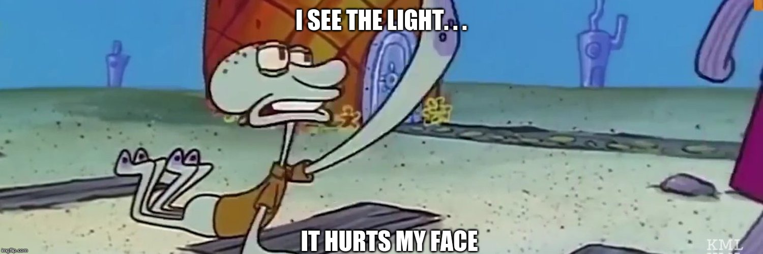 Discouraged Squidward | I SEE THE LIGHT. . . IT HURTS MY FACE | image tagged in discouraged squidward | made w/ Imgflip meme maker