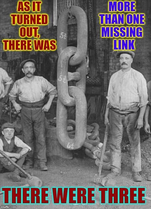 The Missing Link: mystery solved | MORE THAN ONE MISSING     LINK; AS IT TURNED OUT, THERE WAS; THERE WERE THREE | image tagged in vince vance,missing link,chain links,anchor,titanic,15 april 1912 | made w/ Imgflip meme maker