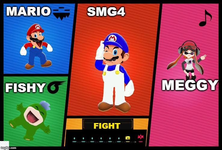 Smash Ultimate DLC fighter profile | MARIO; SMG4; MEGGY; FISHY; FIGHT | image tagged in smash ultimate dlc fighter profile | made w/ Imgflip meme maker