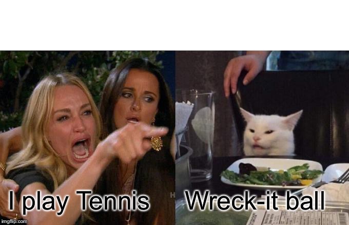 Woman Yelling At Cat Meme | I play Tennis; Wreck-it ball | image tagged in memes,woman yelling at cat | made w/ Imgflip meme maker