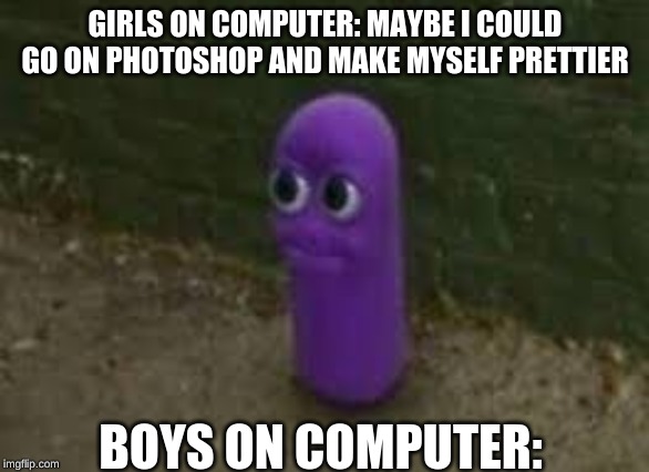 Beanos | GIRLS ON COMPUTER: MAYBE I COULD GO ON PHOTOSHOP AND MAKE MYSELF PRETTIER; BOYS ON COMPUTER: | image tagged in beanos | made w/ Imgflip meme maker