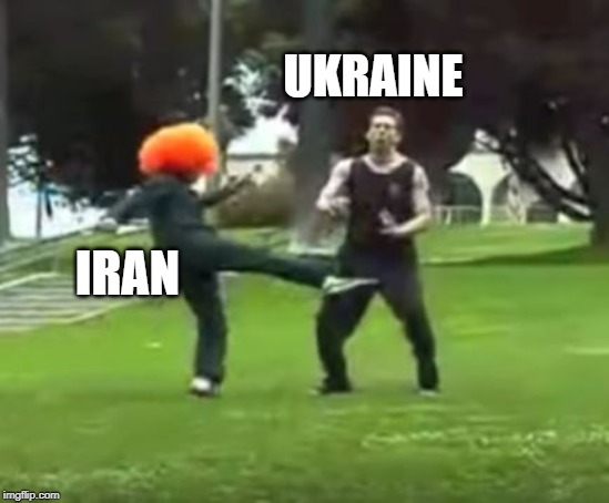 Intnl Rltns | UKRAINE; IRAN | image tagged in kicked in the nuts | made w/ Imgflip meme maker