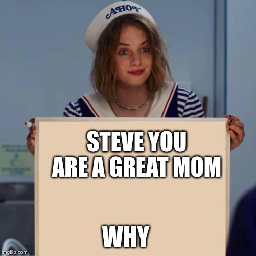 Robin Stranger Things Meme | STEVE YOU ARE A GREAT MOM; WHY | image tagged in robin stranger things meme | made w/ Imgflip meme maker