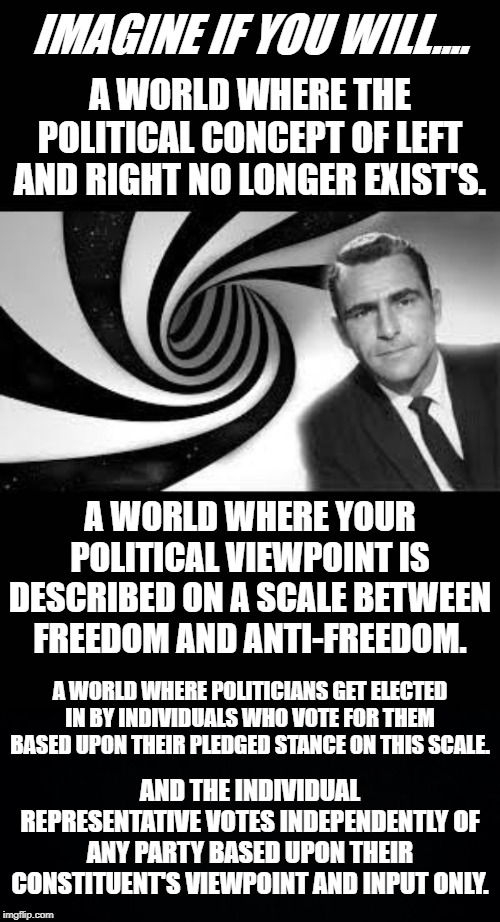 IMAGINE IF YOU WILL.... A WORLD WHERE THE POLITICAL CONCEPT OF LEFT AND RIGHT NO LONGER EXIST'S. A WORLD WHERE YOUR POLITICAL VIEWPOINT IS DESCRIBED ON A SCALE BETWEEN FREEDOM AND ANTI-FREEDOM. A WORLD WHERE POLITICIANS GET ELECTED IN BY INDIVIDUALS WHO VOTE FOR THEM BASED UPON THEIR PLEDGED STANCE ON THIS SCALE. AND THE INDIVIDUAL REPRESENTATIVE VOTES INDEPENDENTLY OF ANY PARTY BASED UPON THEIR CONSTITUENT'S VIEWPOINT AND INPUT ONLY. | image tagged in twilight zone 2,black background | made w/ Imgflip meme maker