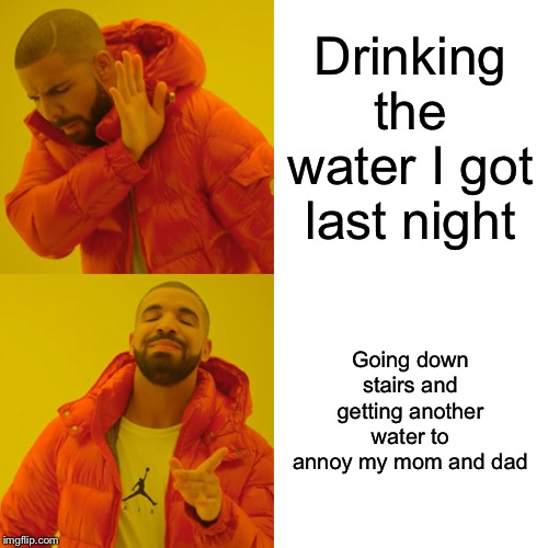 Drake Hotline Bling |  Drinking the water I got last night; Going down stairs and getting another water to annoy my mom and dad | image tagged in memes,drake hotline bling | made w/ Imgflip meme maker