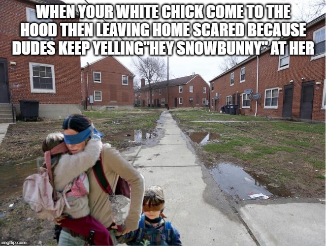 snobunny | WHEN YOUR WHITE CHICK COME TO THE HOOD THEN LEAVING HOME SCARED BECAUSE DUDES KEEP YELLING"HEY SNOWBUNNY" AT HER | image tagged in snobunny | made w/ Imgflip meme maker