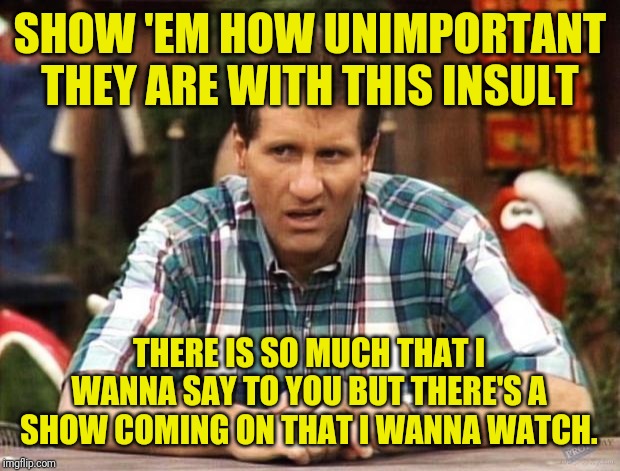 Al Bundy | SHOW 'EM HOW UNIMPORTANT THEY ARE WITH THIS INSULT; THERE IS SO MUCH THAT I WANNA SAY TO YOU BUT THERE'S A SHOW COMING ON THAT I WANNA WATCH. | image tagged in al bundy,come back,insults | made w/ Imgflip meme maker