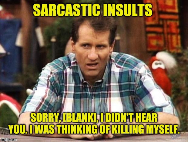 Al Bundy | SARCASTIC INSULTS; SORRY, [BLANK], I DIDN'T HEAR YOU. I WAS THINKING OF KILLING MYSELF. | image tagged in al bundy,come back,insults | made w/ Imgflip meme maker