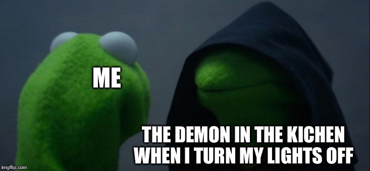 Evil Kermit Meme | ME; THE DEMON IN THE KICHEN WHEN I TURN MY LIGHTS OFF | image tagged in memes,evil kermit | made w/ Imgflip meme maker