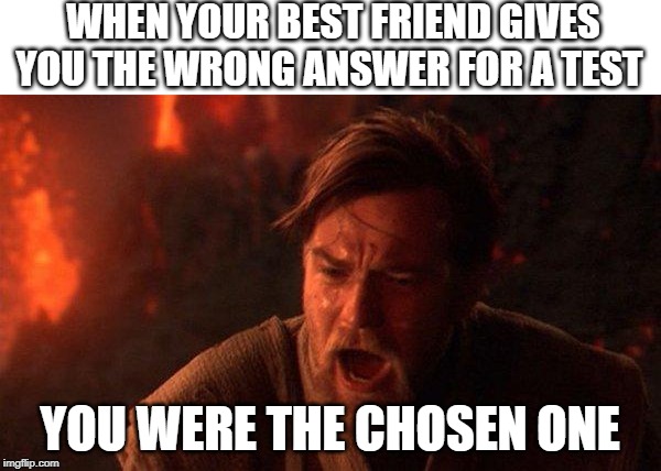 You were the chosen one | WHEN YOUR BEST FRIEND GIVES YOU THE WRONG ANSWER FOR A TEST; YOU WERE THE CHOSEN ONE | image tagged in memes,you were the chosen one star wars | made w/ Imgflip meme maker