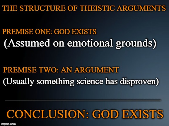 The structure of theistic arguments | THE STRUCTURE OF THEISTIC ARGUMENTS; PREMISE ONE: GOD EXISTS; (Assumed on emotional grounds); PREMISE TWO: AN ARGUMENT; (Usually something science has disproven); ________________________________________________; CONCLUSION: GOD EXISTS | image tagged in religion,anti-religious,atheism,atheist,atheists,logic | made w/ Imgflip meme maker