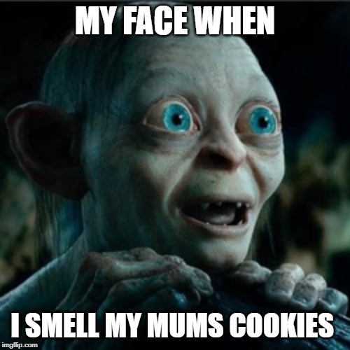 smiggle lord of the rings | MY FACE WHEN; I SMELL MY MUMS COOKIES | image tagged in smiggle lord of the rings | made w/ Imgflip meme maker