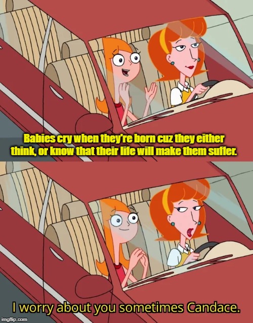 I worry about you sometimes Candace | Babies cry when they're born cuz they either think, or know that their life will make them suffer. | image tagged in i worry about you sometimes candace | made w/ Imgflip meme maker