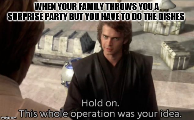 Hold on this whole operation was your idea | WHEN YOUR FAMILY THROWS YOU A SURPRISE PARTY BUT YOU HAVE TO DO THE DISHES | image tagged in hold on this whole operation was your idea | made w/ Imgflip meme maker