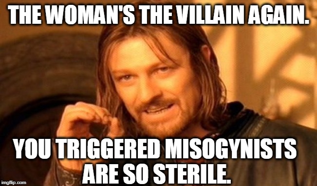 One Does Not Simply Meme | THE WOMAN'S THE VILLAIN AGAIN. YOU TRIGGERED MISOGYNISTS 
ARE SO STERILE. | image tagged in memes,one does not simply | made w/ Imgflip meme maker