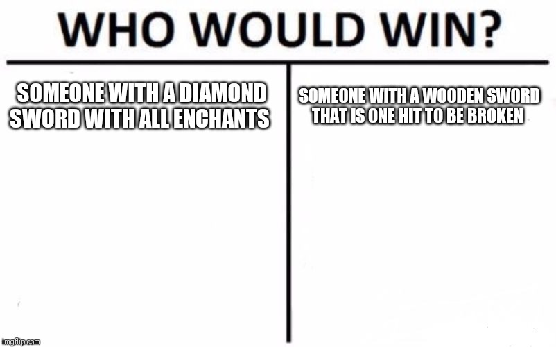 Who Would Win? Meme | SOMEONE WITH A DIAMOND SWORD WITH ALL ENCHANTS; SOMEONE WITH A WOODEN SWORD THAT IS ONE HIT TO BE BROKEN | image tagged in memes,who would win | made w/ Imgflip meme maker