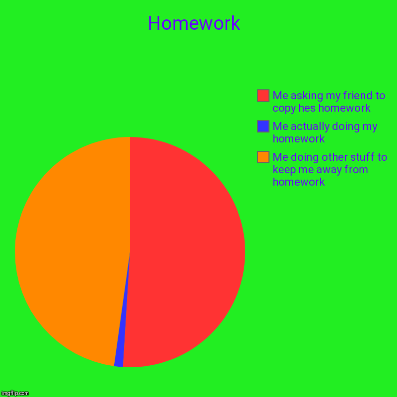 Homework  | Me doing other stuff to keep me away from homework , Me actually doing my homework , Me asking my friend to copy hes homework | image tagged in charts,pie charts | made w/ Imgflip chart maker