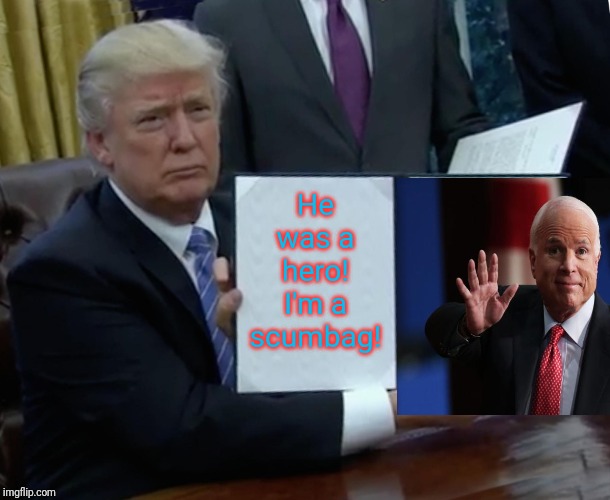 Trump finally says something truthful! | He was a hero! I'm a scumbag! | image tagged in memes,trump bill signing,john mccain,scumbag republicans | made w/ Imgflip meme maker