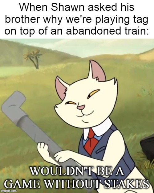 Watch The Good Doctor to understand the joke | When Shawn asked his brother why we're playing tag on top of an abandoned train:; WOULDN'T BE A GAME WITHOUT STAKES | image tagged in memes,too dank,cartoon network | made w/ Imgflip meme maker