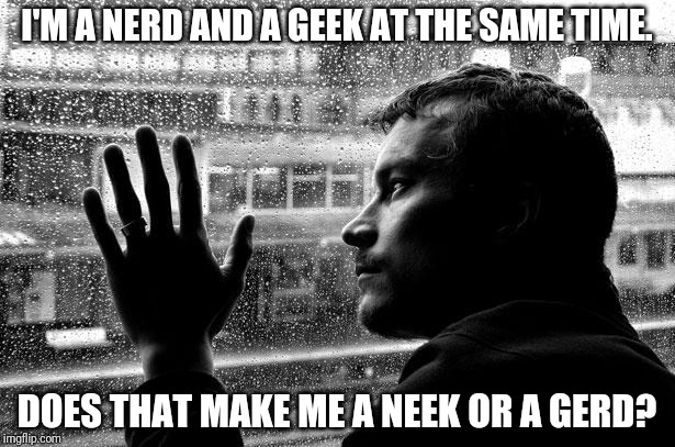 Over Educated Problems Meme | I'M A NERD AND A GEEK AT THE SAME TIME. DOES THAT MAKE ME A NEEK OR A GERD? | image tagged in memes,over educated problems | made w/ Imgflip meme maker