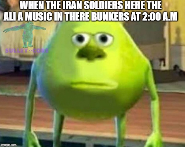 Monsters Inc | WHEN THE IRAN SOLDIERS HERE THE ALI A MUSIC IN THERE BUNKERS AT 2:00 A.M | image tagged in monsters inc | made w/ Imgflip meme maker