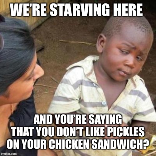 So You're Telling Me | WE’RE STARVING HERE; AND YOU’RE SAYING THAT YOU DON’T LIKE PICKLES ON YOUR CHICKEN SANDWICH? | image tagged in so you're telling me | made w/ Imgflip meme maker