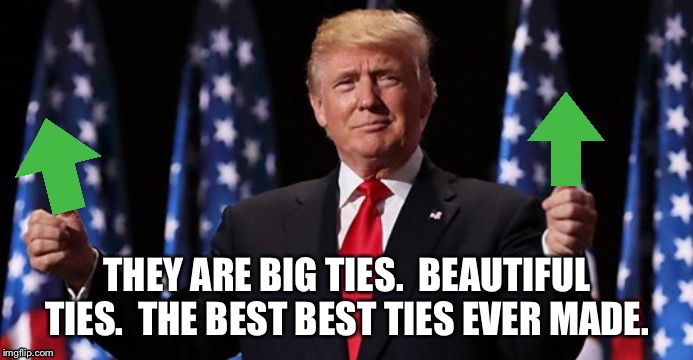 Trumpvotes | THEY ARE BIG TIES.  BEAUTIFUL TIES.  THE BEST BEST TIES EVER MADE. | image tagged in trumpvotes | made w/ Imgflip meme maker