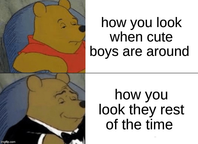 Tuxedo Winnie The Pooh | how you look when cute boys are around; how you look they rest of the time | image tagged in memes,tuxedo winnie the pooh | made w/ Imgflip meme maker
