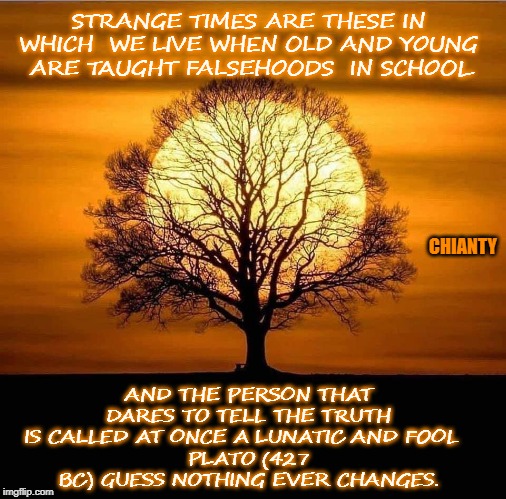 Strange | STRANGE TIMES ARE THESE IN WHICH  WE LIVE WHEN OLD AND YOUNG  ARE TAUGHT FALSEHOODS  IN SCHOOL. AND THE PERSON THAT DARES TO TELL THE TRUTH IS CALLED AT ONCE A LUNATIC AND FOOL  
PLATO (427 BC) GUESS NOTHING EVER CHANGES. CHIANTY | image tagged in plato | made w/ Imgflip meme maker
