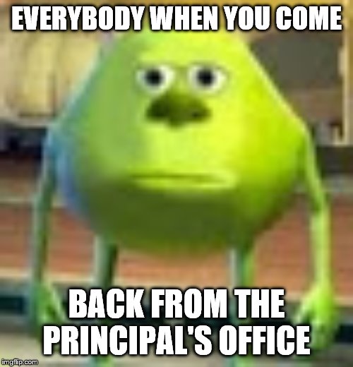 Sully Wazowski | EVERYBODY WHEN YOU COME; BACK FROM THE PRINCIPAL'S OFFICE | image tagged in sully wazowski | made w/ Imgflip meme maker