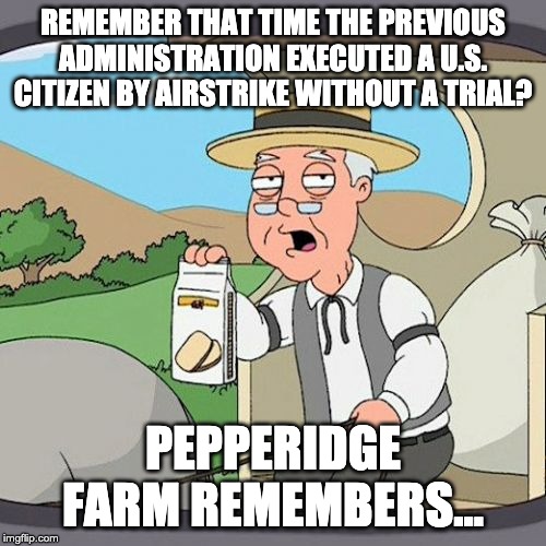 Pepperidge Farm Remembers | REMEMBER THAT TIME THE PREVIOUS ADMINISTRATION EXECUTED A U.S. CITIZEN BY AIRSTRIKE WITHOUT A TRIAL? PEPPERIDGE FARM REMEMBERS... | image tagged in memes,pepperidge farm remembers | made w/ Imgflip meme maker