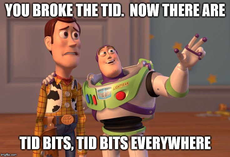 X, X Everywhere | YOU BROKE THE TID.  NOW THERE ARE; TID BITS, TID BITS EVERYWHERE | image tagged in memes,x x everywhere | made w/ Imgflip meme maker