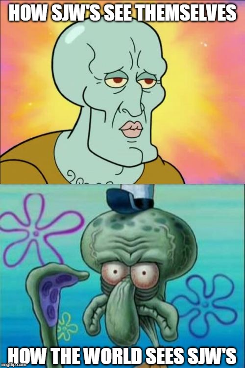 Perception vs. Reality | HOW SJW'S SEE THEMSELVES; HOW THE WORLD SEES SJW'S | image tagged in memes,squidward,sjw,angry sjw,social justice warriors,appearance | made w/ Imgflip meme maker