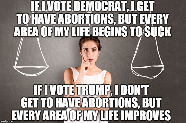 A Woman's Decision: Don't Interfere | IF I VOTE DEMOCRAT, I GET TO HAVE ABORTIONS, BUT EVERY AREA OF MY LIFE BEGINS TO SUCK; IF I VOTE TRUMP, I DON'T GET TO HAVE ABORTIONS, BUT EVERY AREA OF MY LIFE IMPROVES | image tagged in woman making decision,abortion,democrats,trump,life,choice | made w/ Imgflip meme maker