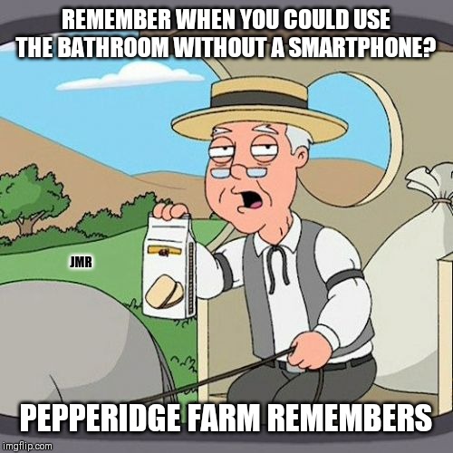 Yes, I do! | REMEMBER WHEN YOU COULD USE THE BATHROOM WITHOUT A SMARTPHONE? JMR; PEPPERIDGE FARM REMEMBERS | image tagged in pepperidge farm remembers,bathroom,smartphone | made w/ Imgflip meme maker