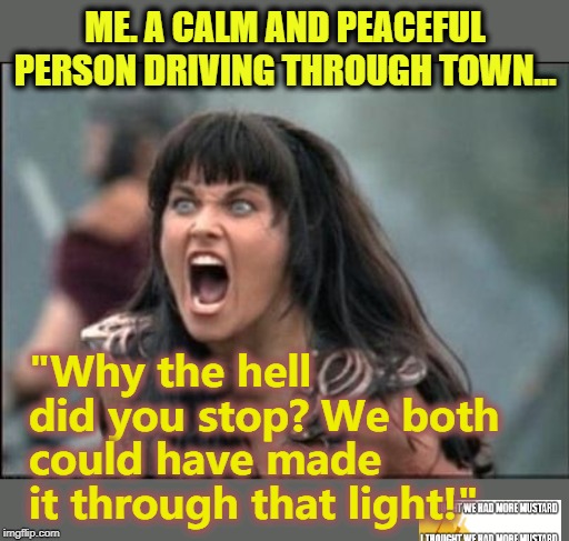 Xena Driving | ME. A CALM AND PEACEFUL PERSON DRIVING THROUGH TOWN... "Why the hell did you stop? We both could have made it through that light!" | image tagged in angry xena | made w/ Imgflip meme maker
