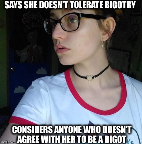 “Intolerant of intolerance” as they like to say. Which is just a leftist cover-up for being bigots themselves. | SAYS SHE DOESN’T TOLERATE BIGOTRY; CONSIDERS ANYONE WHO DOESN’T AGREE WITH HER TO BE A BIGOT | image tagged in facebook leftist,liberal logic,liberal hypocrisy,college liberal,liberal college girl,goofy stupid liberal college student | made w/ Imgflip meme maker
