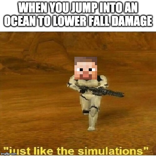 Just like the simulations | WHEN YOU JUMP INTO AN OCEAN TO LOWER FALL DAMAGE | image tagged in just like the simulations | made w/ Imgflip meme maker