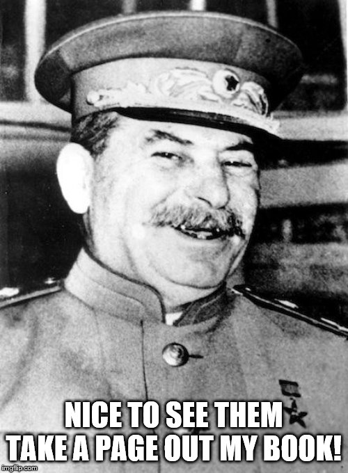 Stalin smile | NICE TO SEE THEM TAKE A PAGE OUT MY BOOK! | image tagged in stalin smile | made w/ Imgflip meme maker