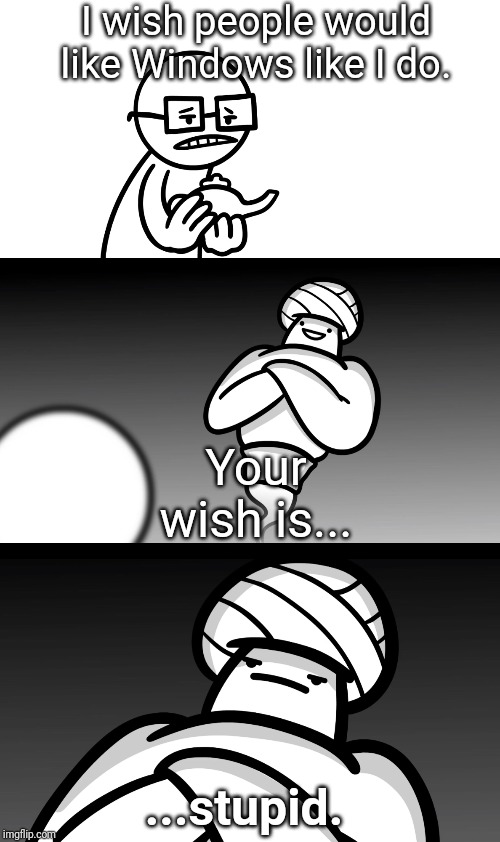 Your Wish is Stupid | I wish people would like Windows like I do. Your wish is... ...stupid. | image tagged in your wish is stupid | made w/ Imgflip meme maker