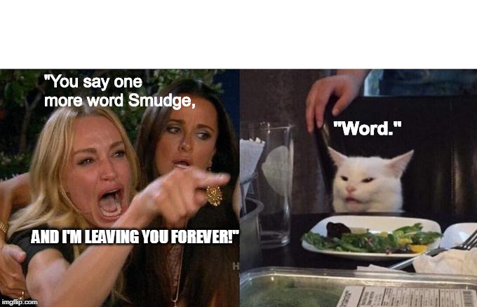 Woman Yelling At Cat | "You say one more word Smudge, "Word."; AND I'M LEAVING YOU FOREVER!" | image tagged in memes,woman yelling at cat | made w/ Imgflip meme maker