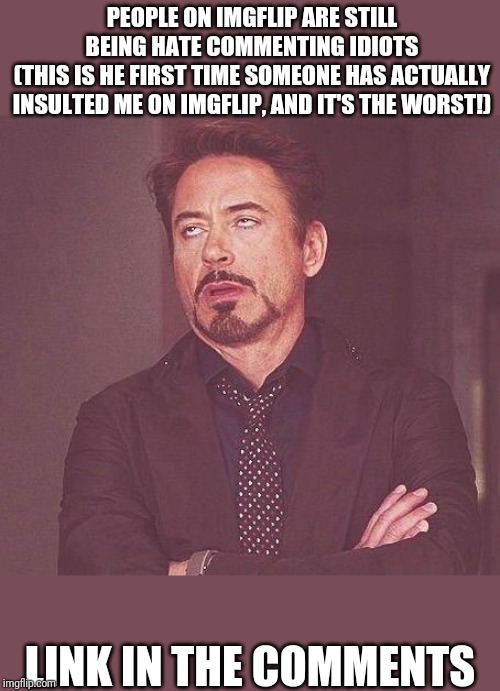 Tony Stark | PEOPLE ON IMGFLIP ARE STILL BEING HATE COMMENTING IDIOTS
(THIS IS HE FIRST TIME SOMEONE HAS ACTUALLY INSULTED ME ON IMGFLIP, AND IT'S THE WORST!); LINK IN THE COMMENTS | image tagged in tony stark | made w/ Imgflip meme maker