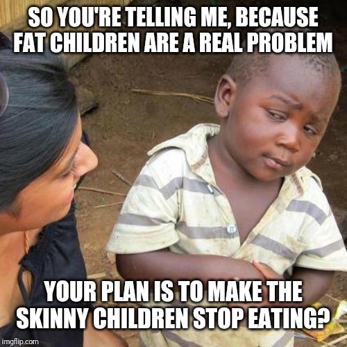 Third World Skeptical Kid | SO YOU'RE TELLING ME, BECAUSE FAT CHILDREN ARE A REAL PROBLEM; YOUR PLAN IS TO MAKE THE SKINNY CHILDREN STOP EATING? | image tagged in memes,third world skeptical kid | made w/ Imgflip meme maker