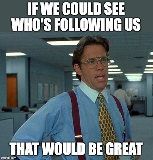 That Would Be Great Meme | IF WE COULD SEE WHO'S FOLLOWING US; THAT WOULD BE GREAT | image tagged in memes,that would be great | made w/ Imgflip meme maker